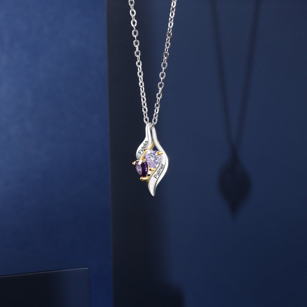 925 Silver Customized Names Two Heart Shape Birthstones Necklace