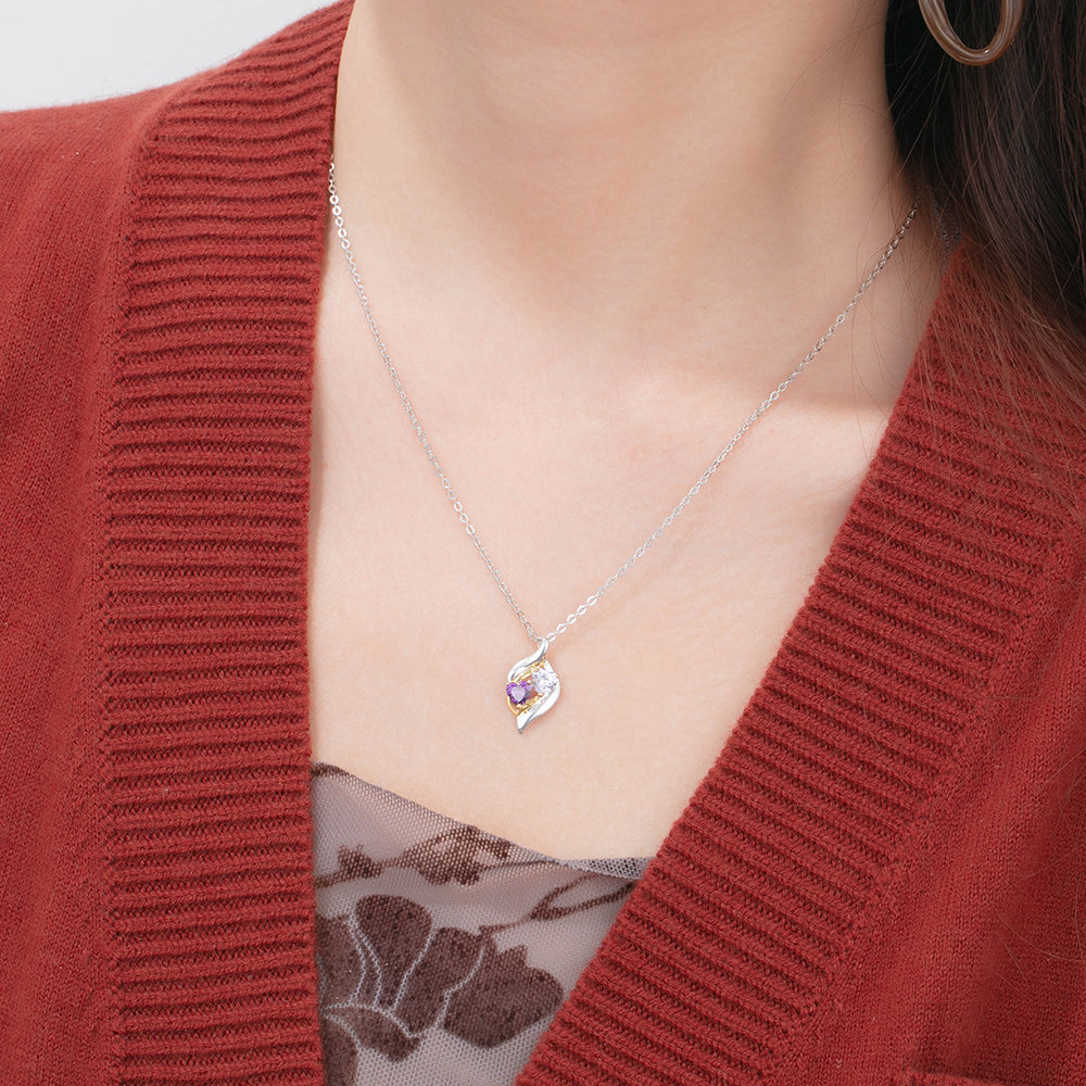 925 Silver Customized Names Two Heart Shape Birthstones Necklace