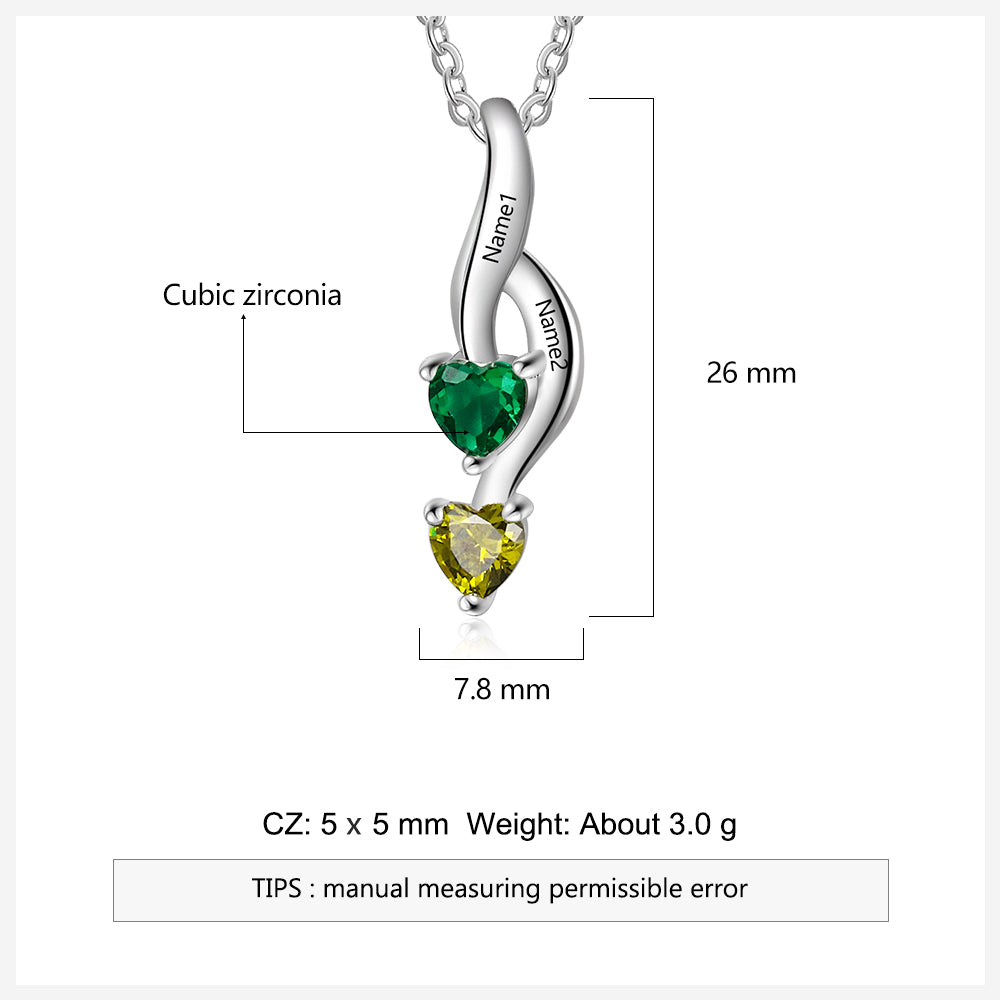 925 Silver Personalized Names Two Heart Shape Birthstones Necklace