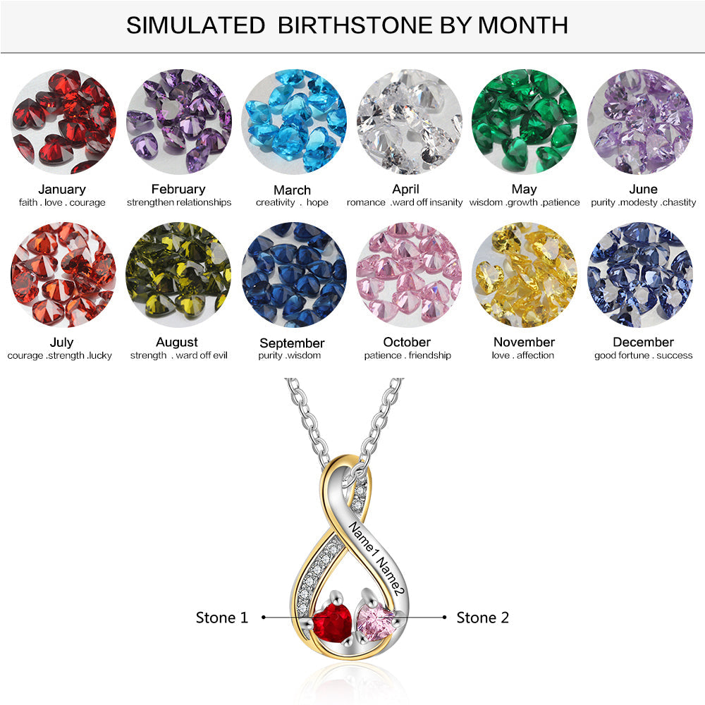 Personalized Names Cubic Zirconia Infinity Shape Pendant Necklace with Heart Shape Birthstones