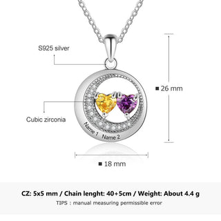 Custom Name Cubic Zirconia Moon Shape Pendant Necklace with Two Birthstones