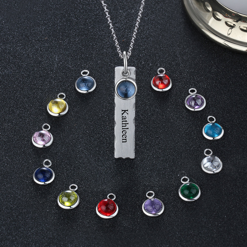 Birthstone & Engraved Stainless Steel Necklace