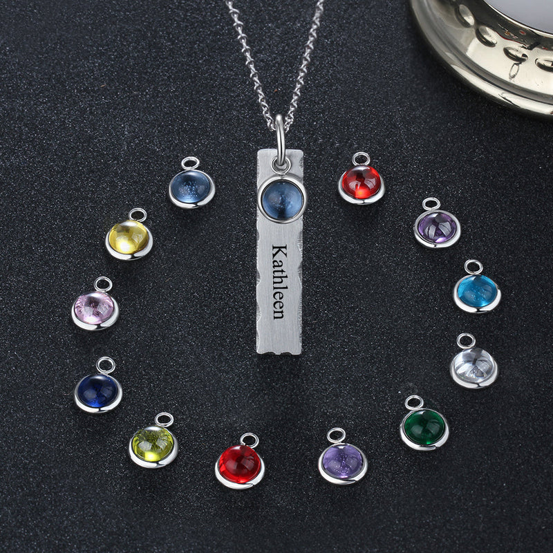 Birthstone & Engraved Stainless Steel Necklace
