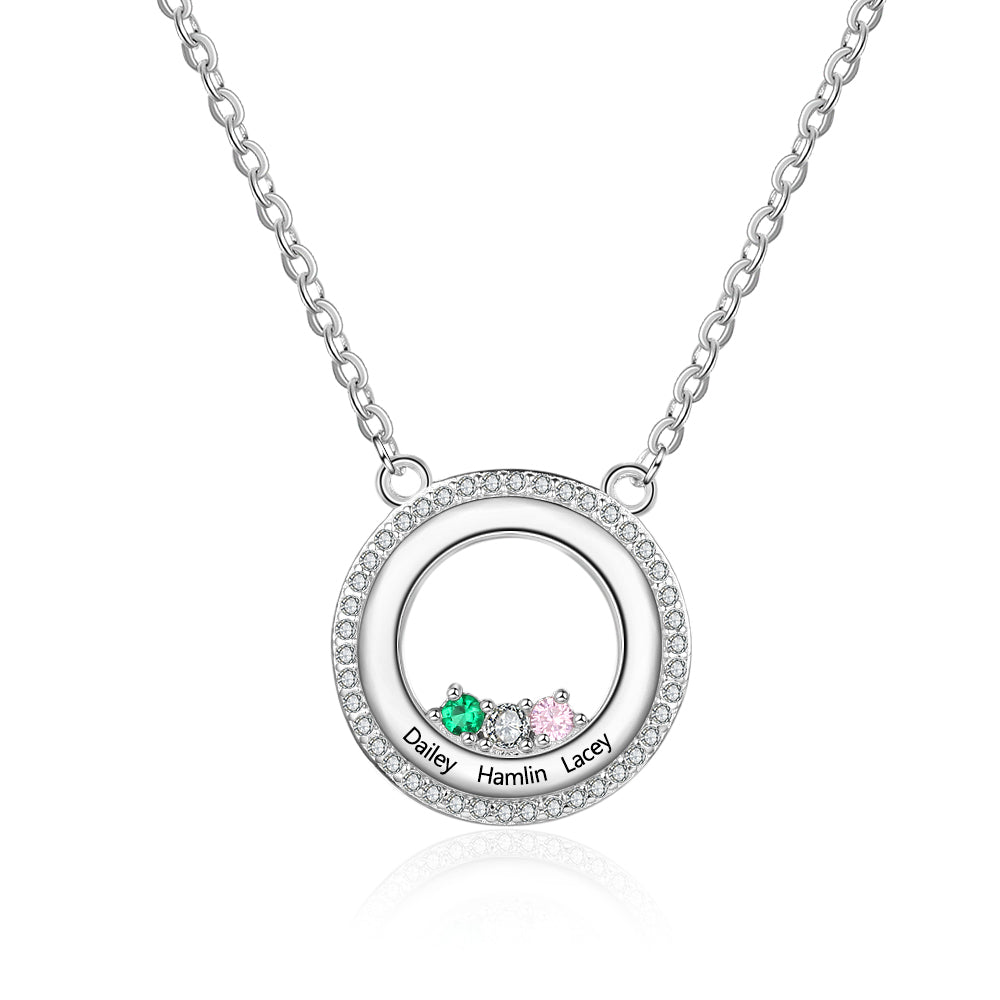 S925 Personalized Names Circle Pendant Necklace with Birthstones