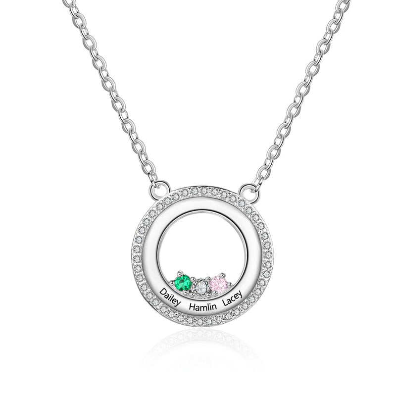 S925 Personalized Names Circle Pendant Necklace with Birthstones
