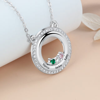 S925 Personalized Names Circle Pendant Necklace with Birthstones