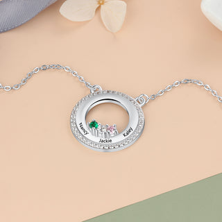 S925 Personalized Names Circle Pendant Necklace with Birthstones