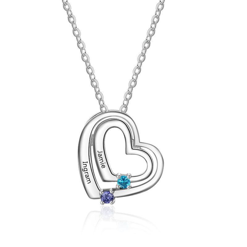 925 Sterling Silver Personalized Name Double Heart Birthstones Pendant Necklace