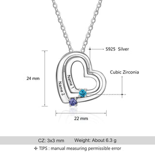 925 Sterling Silver Personalized Name Double Heart Birthstones Pendant Necklace