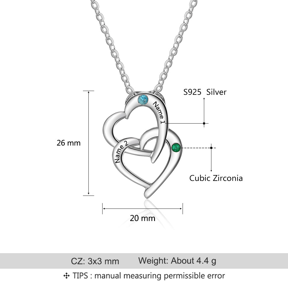 S925 Engraved Names Birthstones Double Heart Pedant Necklace