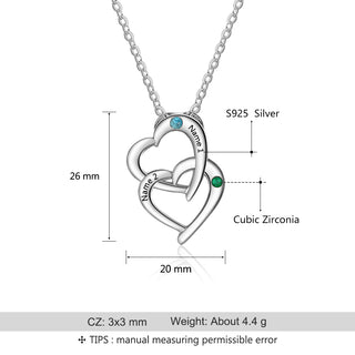 S925 Engraved Names Birthstones Double Heart Pedant Necklace
