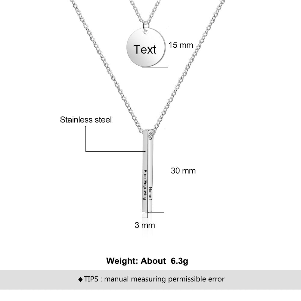 Personalized Stainless Steel Bar Round Pendant Necklace