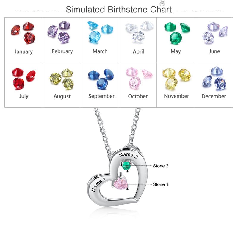 925 Sterling Silver Two Birthstone Heart Necklace