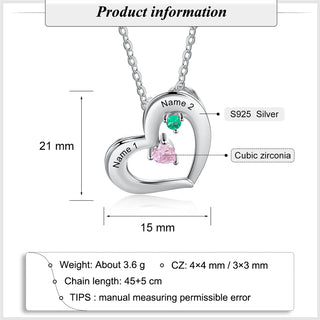 925 Sterling Silver Two Birthstone Heart Necklace