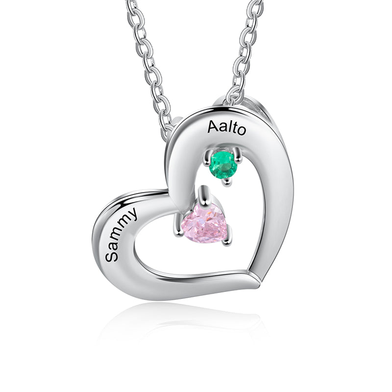 925 Sterling Silver Two Birthstone Heart Necklace