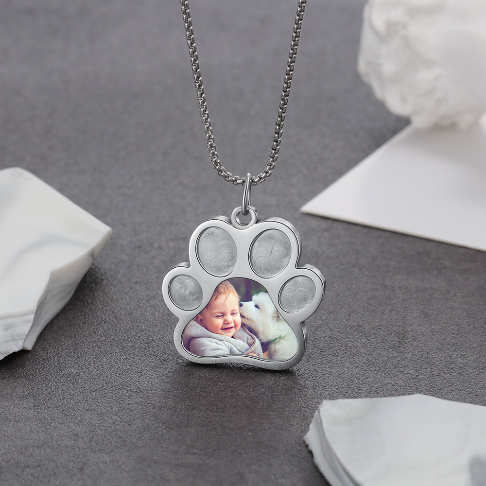 Stainless Steel Paw Shape Photo Pendant Necklace