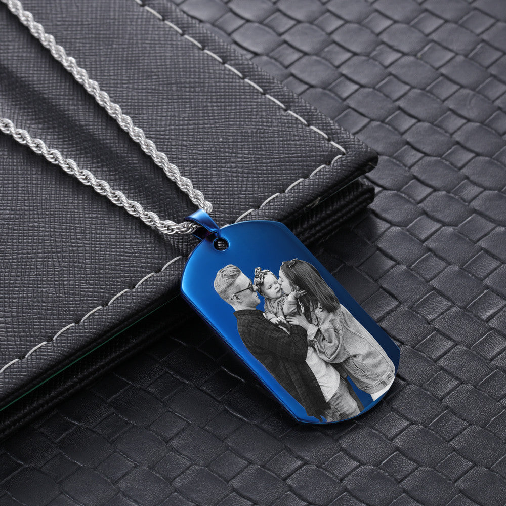 Stainless Steel Blue Shield Shape Pendant Necklaces with Personalized Photo