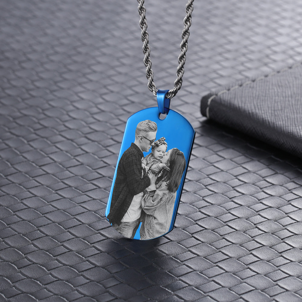 Stainless Steel Blue Shield Shape Pendant Necklaces with Personalized Photo