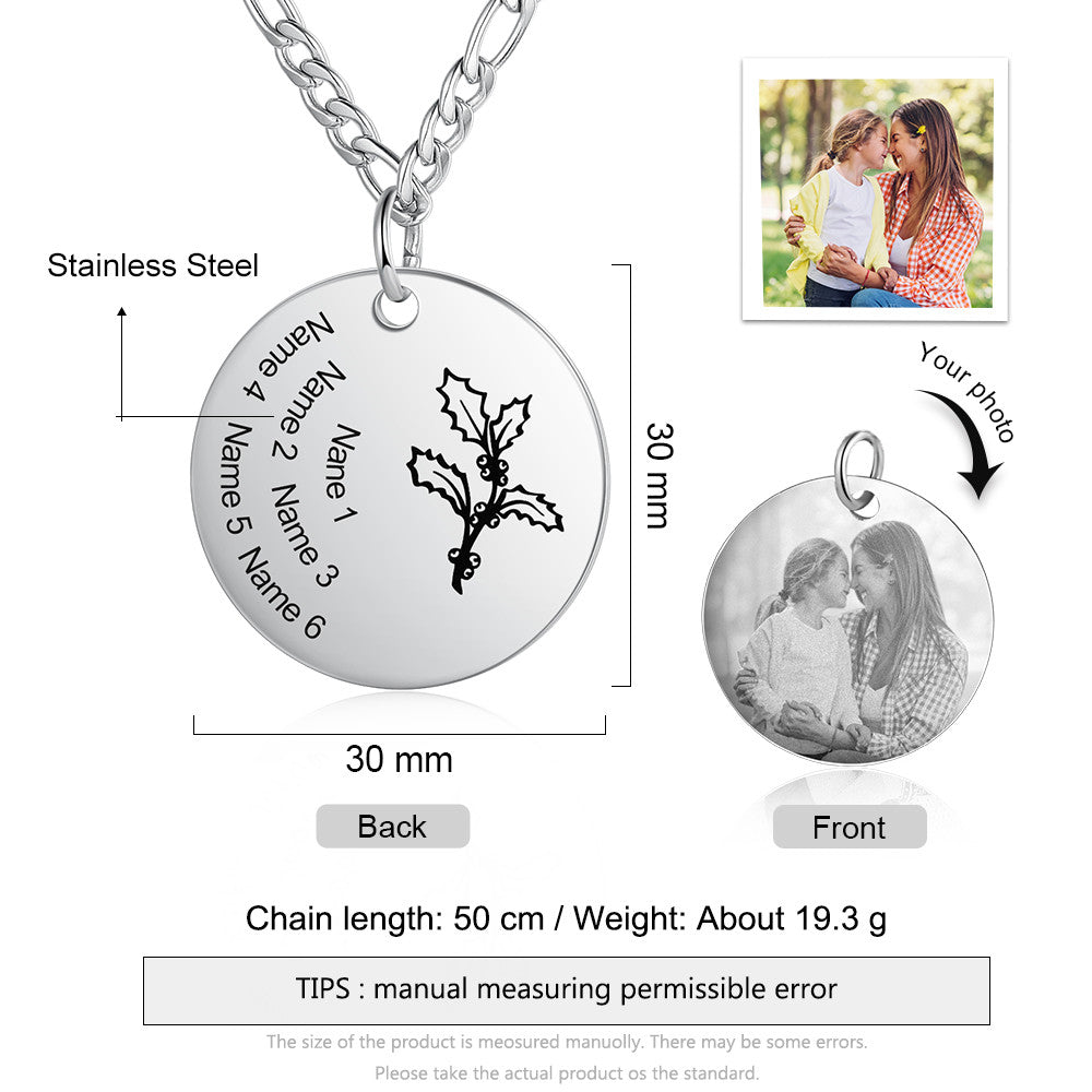 Stainless Steel Personalized Name Birthflower Pendant Necklace with Photo