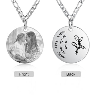 Stainless Steel Personalized Name Birthflower Pendant Necklace with Photo
