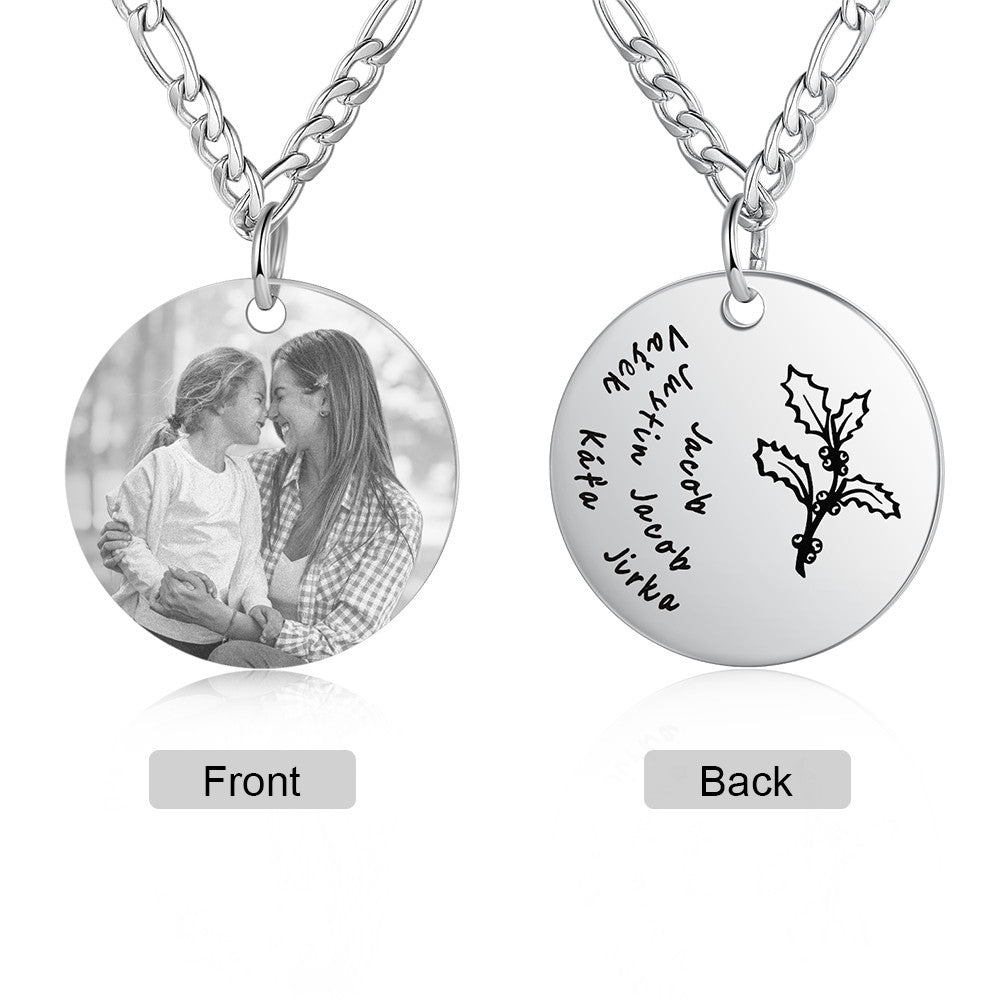 Stainless Steel Personalized Name Birthflower Pendant Necklace with Photo