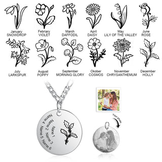 Stainless Steel Personalized Name Birthflower Pendant Necklace with Photo