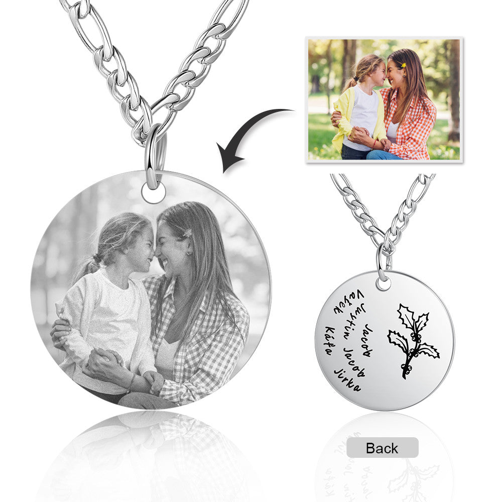 Stainless Steel Personalized Name Birthflower Pendant Necklace with Photo