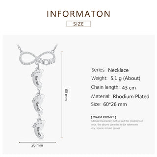 Personalized Rhodium Plated Infinity Baby Feet Necklace