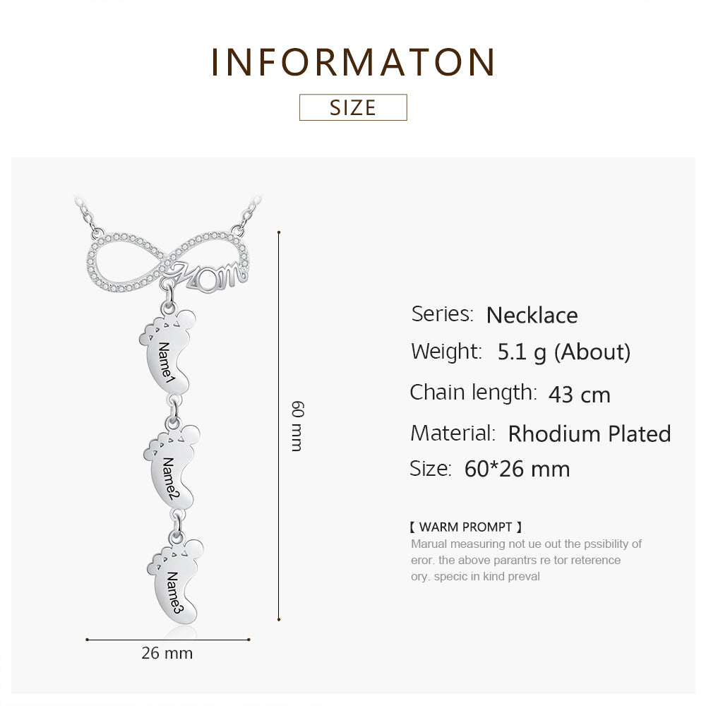 Personalized Rhodium Plated Infinity Baby Feet Necklace
