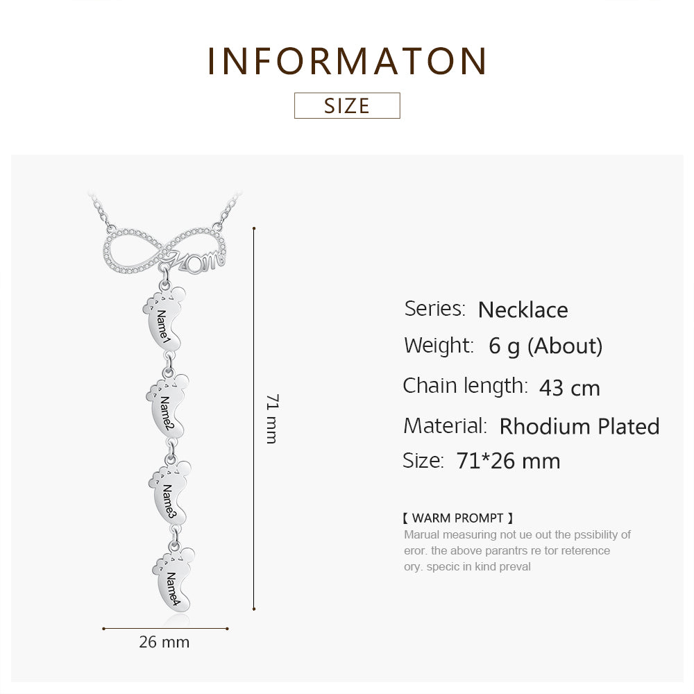 Personalized Rhodium Plated Infinity Baby Feet Necklace
