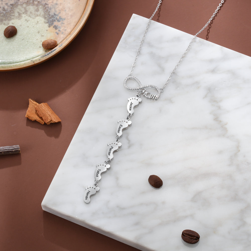 Personalized Rhodium Plated Infinity Baby Feet Necklace