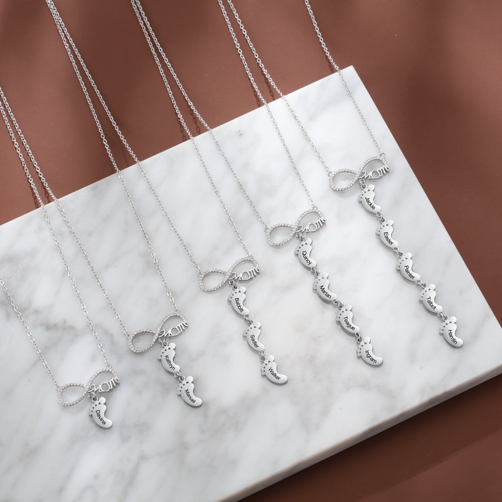 Personalized Rhodium Plated Infinity Baby Feet Necklace