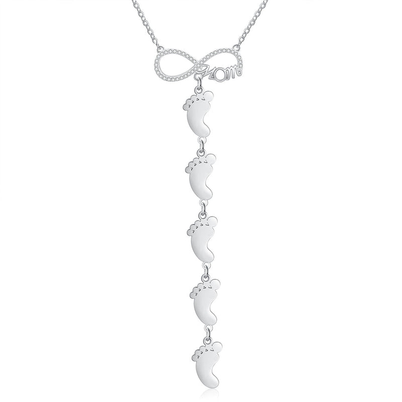 Personalized Rhodium Plated Infinity Baby Feet Necklace