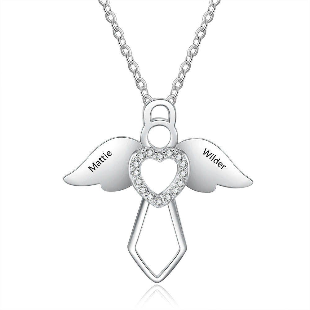 Personalized Rhodium Plated Angel Wing Heart Necklace