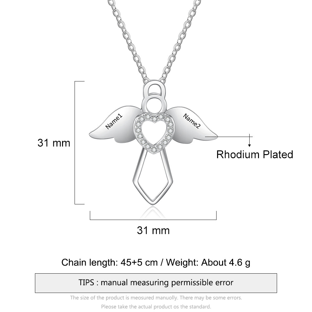Personalized Rhodium Plated Angel Wing Heart Necklace