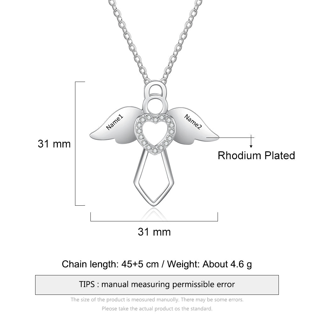 Personalized Rhodium Plated Angel Wing Heart Necklace