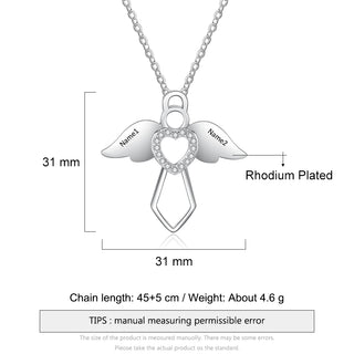Personalized Rhodium Plated Angel Wing Heart Necklace