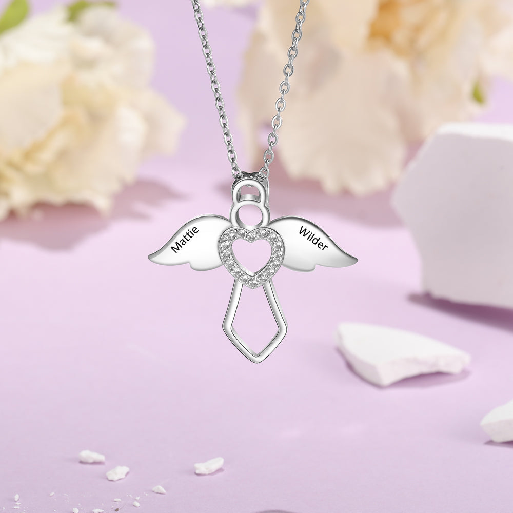 Personalized Rhodium Plated Angel Wing Heart Necklace