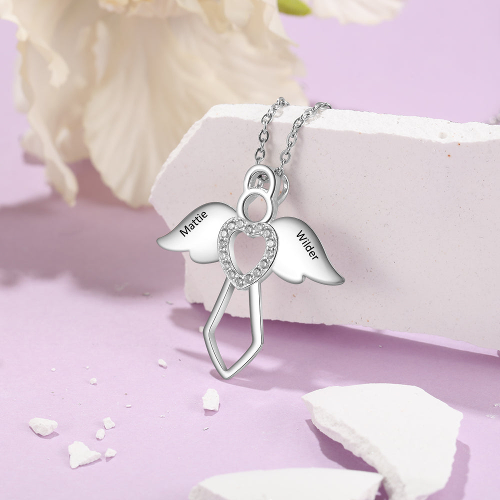 Personalized Rhodium Plated Angel Wing Heart Necklace