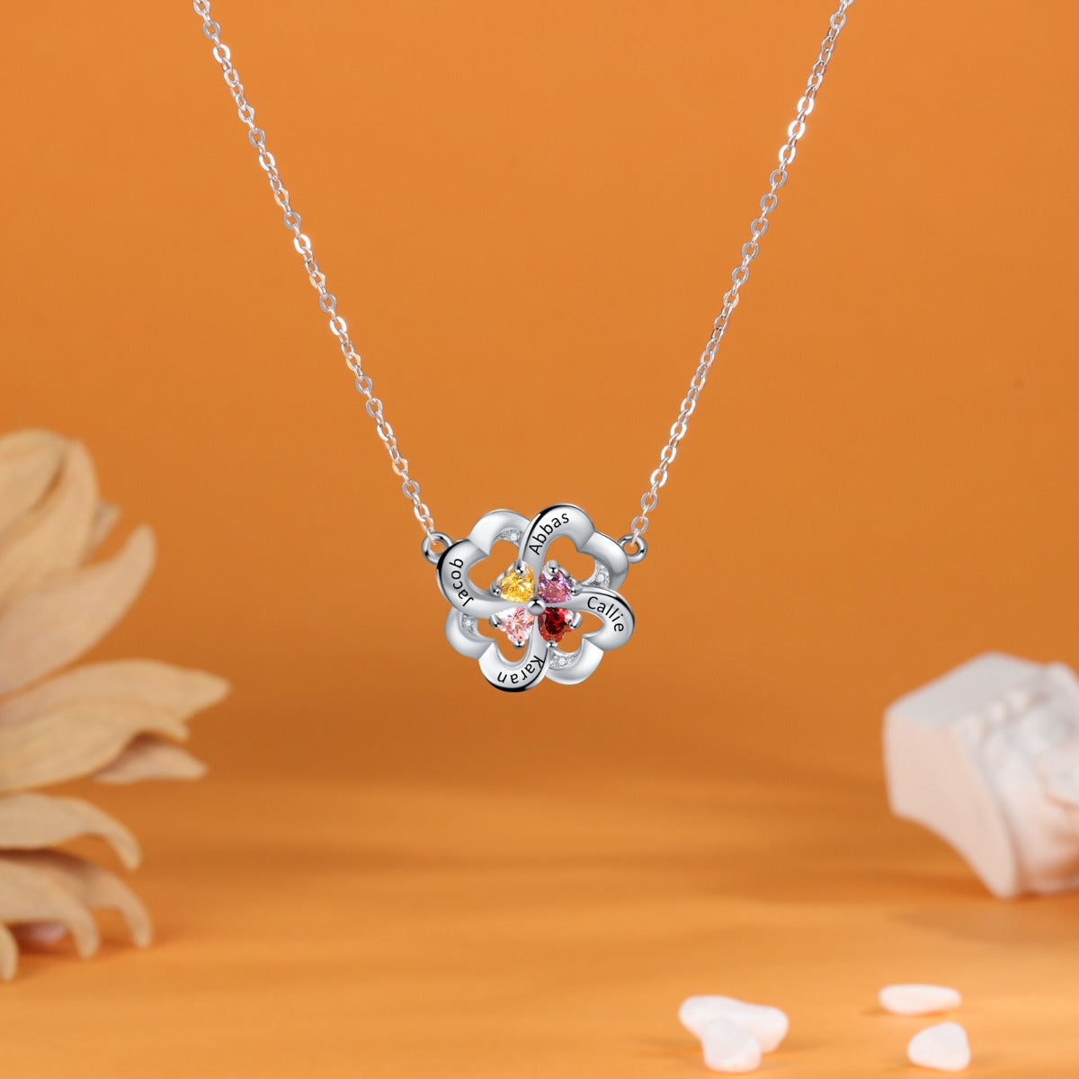 Rhodium Plated Heart Shape Flower Necklace