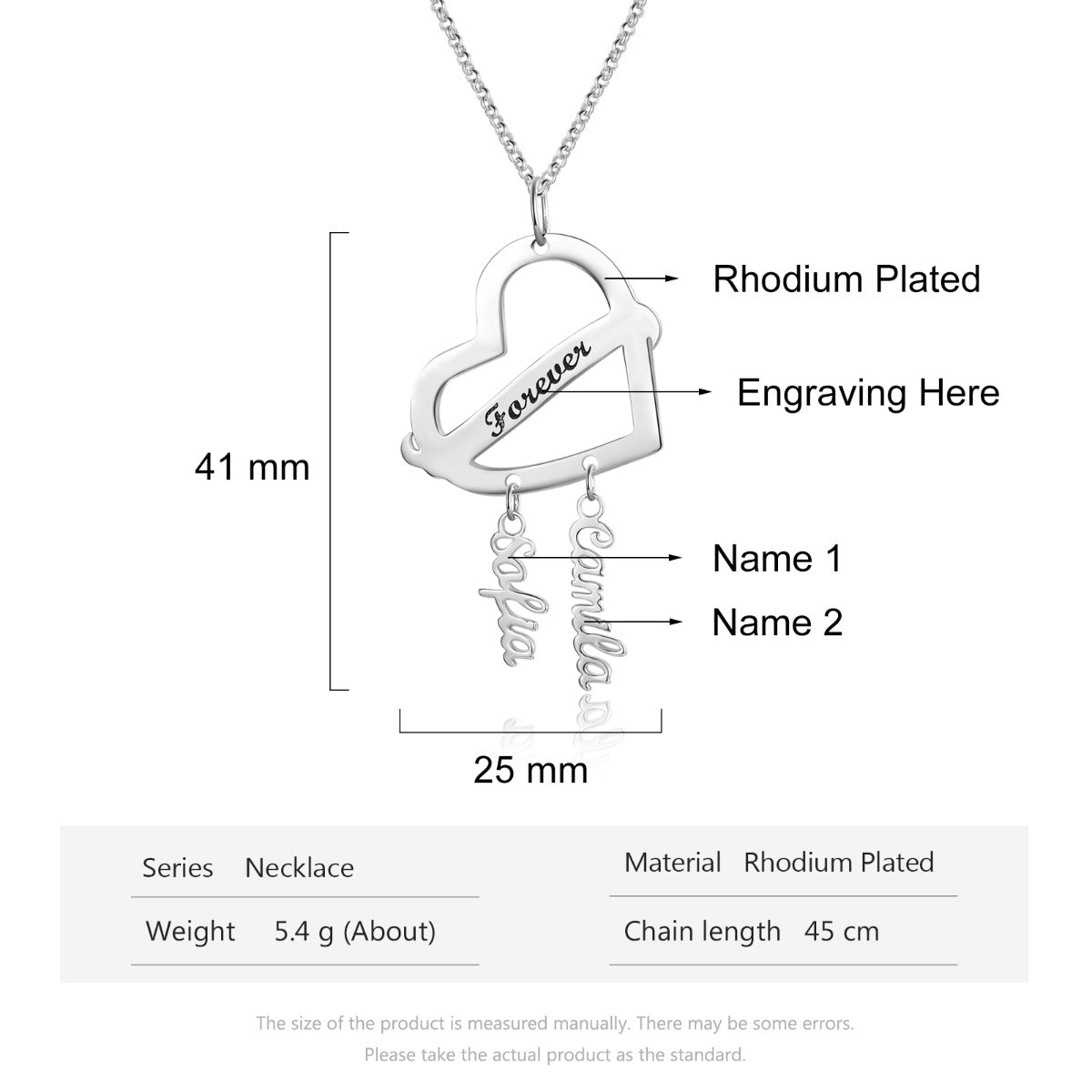Personalized Rhodium Plated Heart Shape Name Necklace