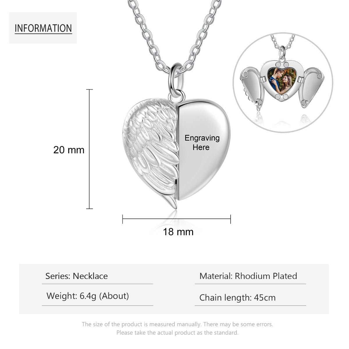 Personalized Rhodium Plated Heart Wing Photo Necklace