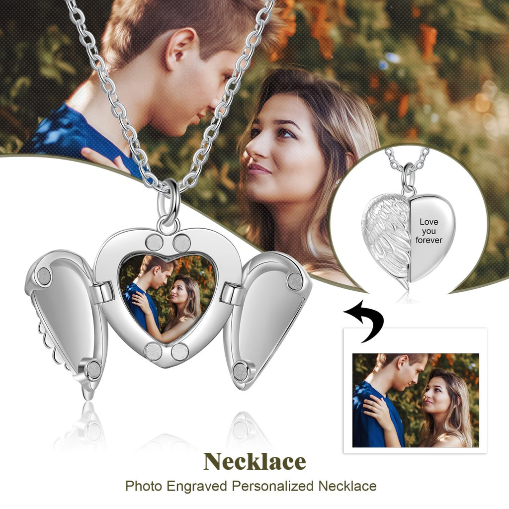 Personalized Rhodium Plated Heart Wing Photo Necklace