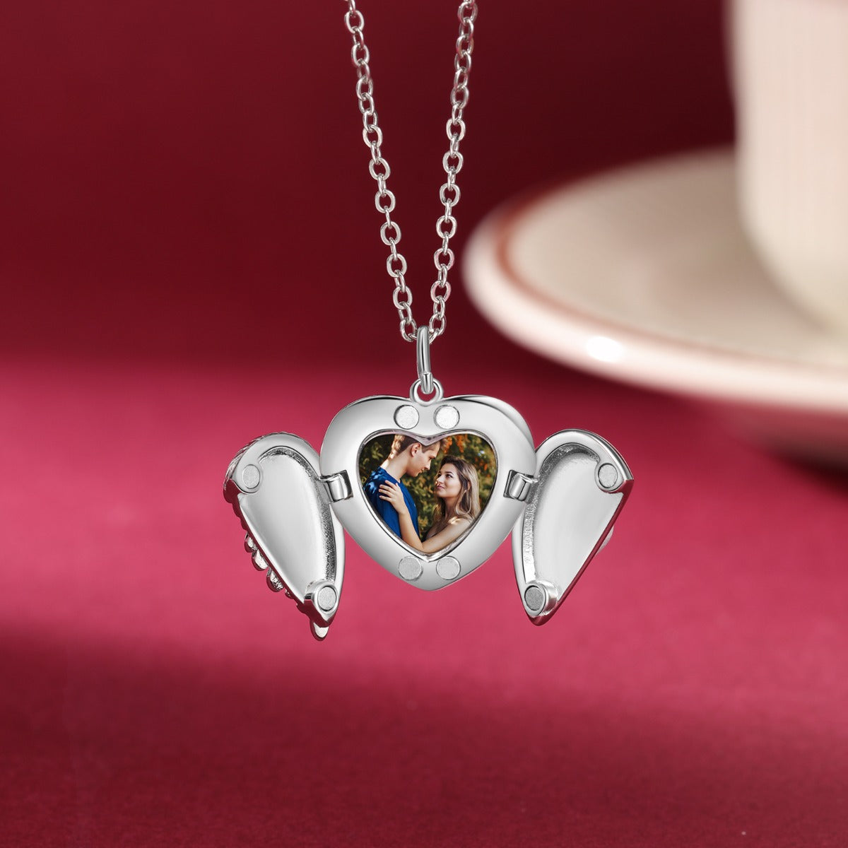Personalized Rhodium Plated Heart Wing Photo Necklace