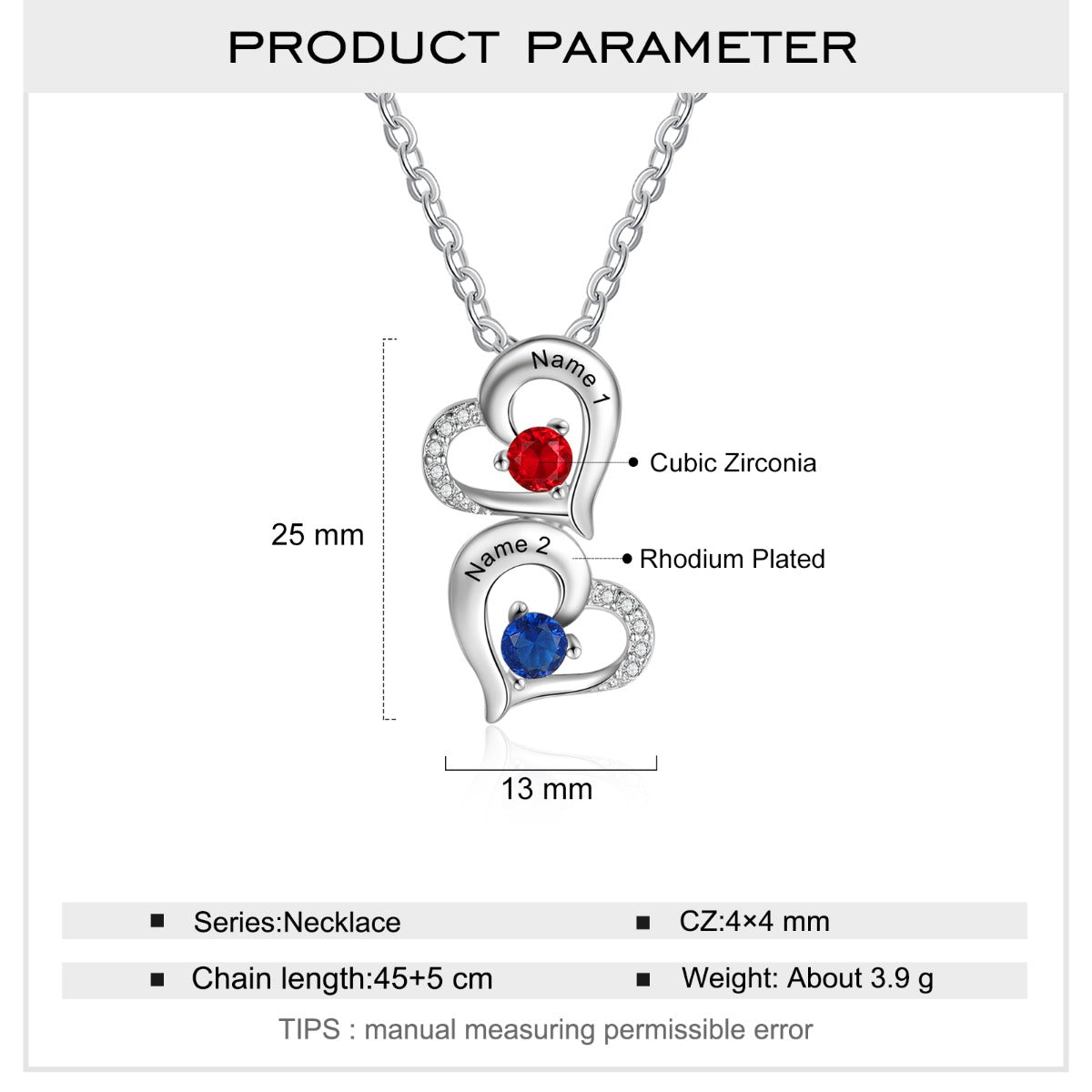 Copper Hearts Pendant Necklace with Birthstones