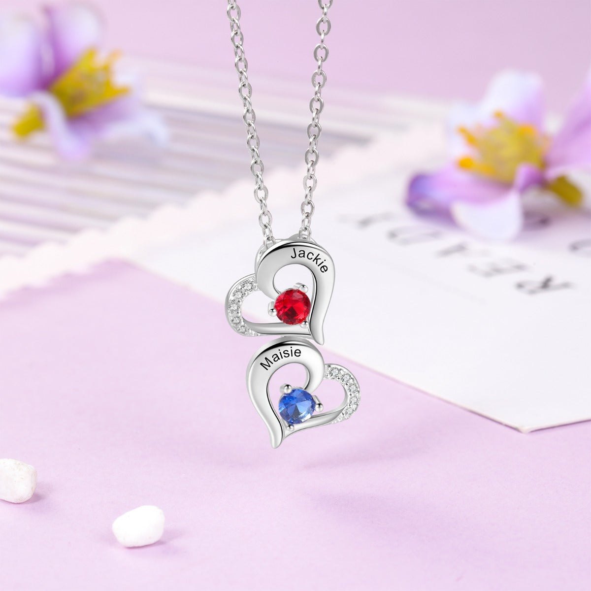 Copper Hearts Pendant Necklace with Birthstones