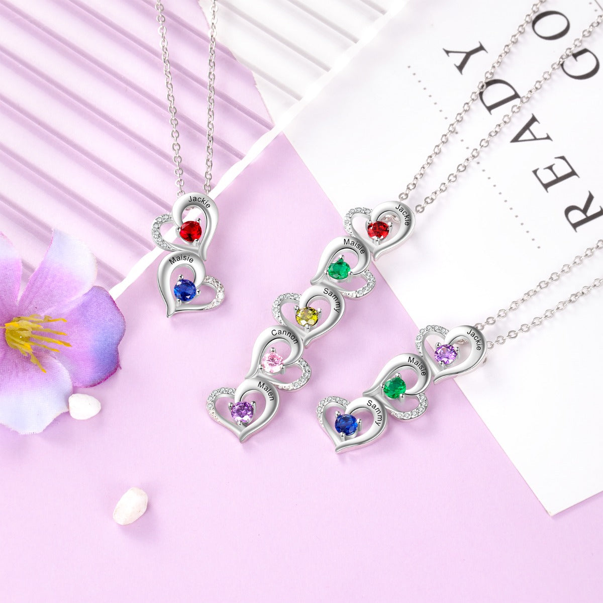 Copper Hearts Pendant Necklace with Birthstones