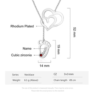 Rhodium Plated Double Heart Baby Feet Necklace