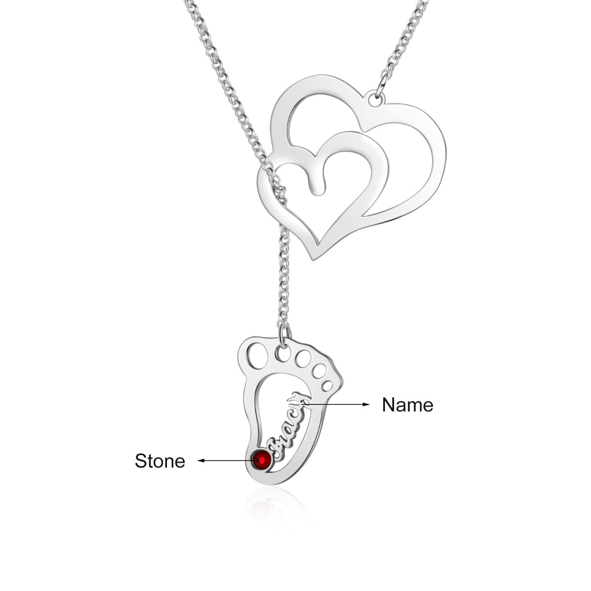 Rhodium Plated Double Heart Baby Feet Necklace