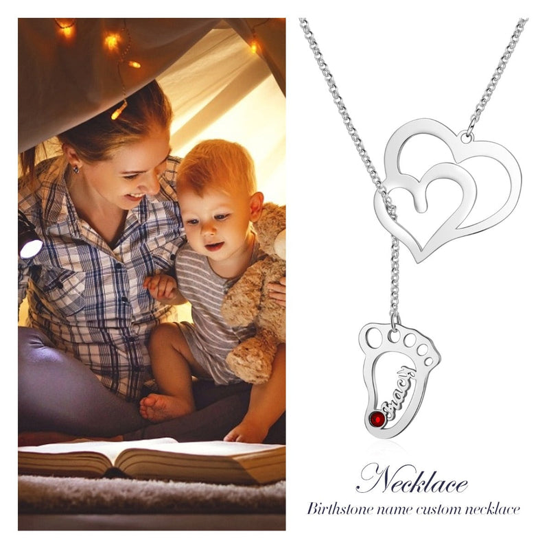 Rhodium Plated Double Heart Baby Feet Necklace